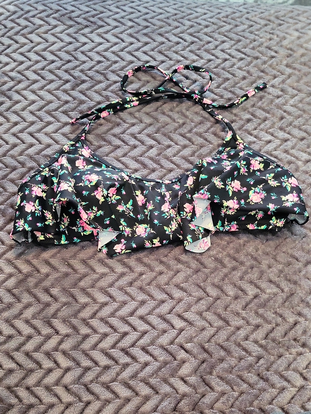 Victoria's Secret Black Floral Ruffle Bikini Top